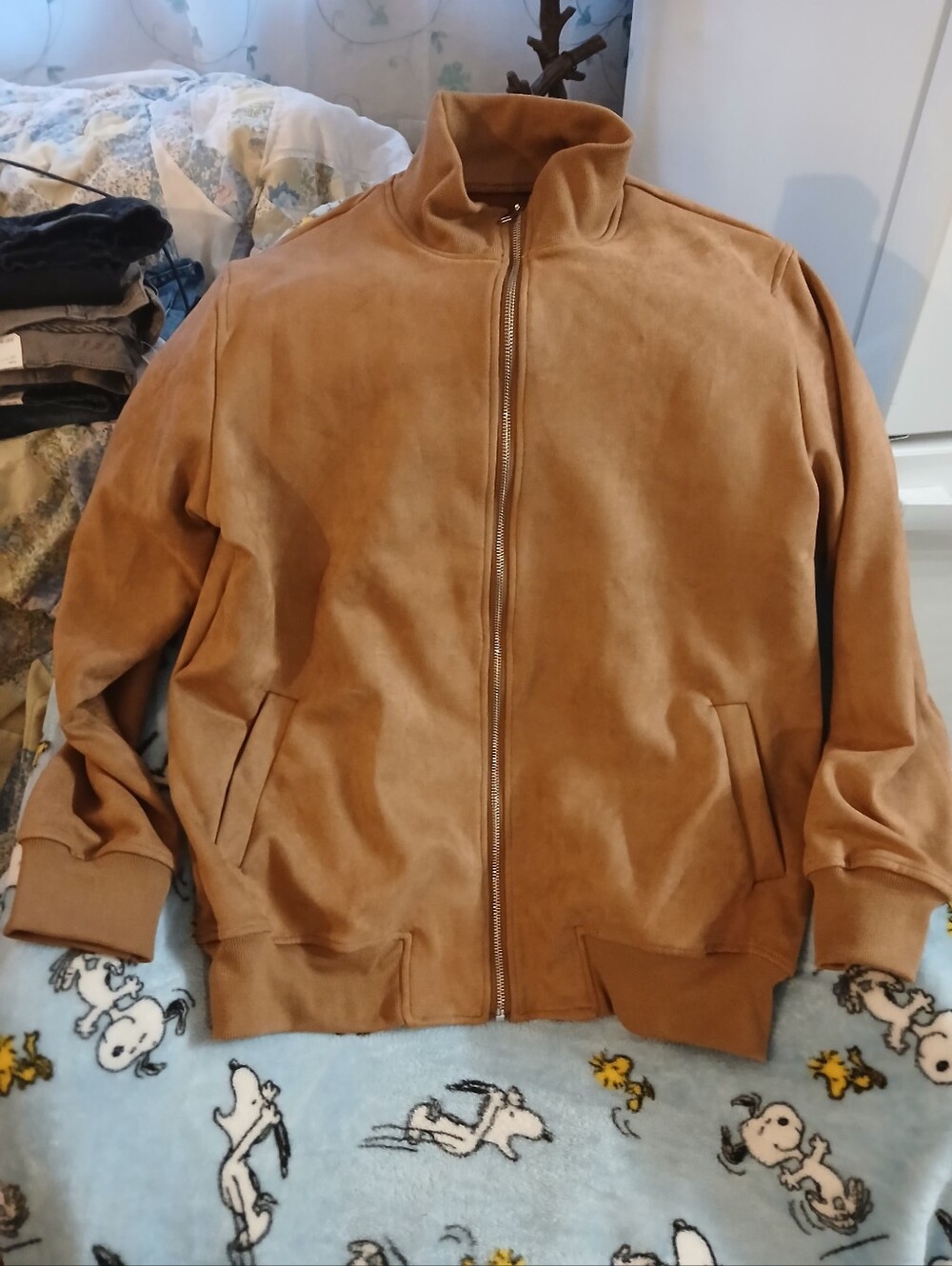 Men's Tan Micro Suede Like Bomber Jacket - Classic Zip Front